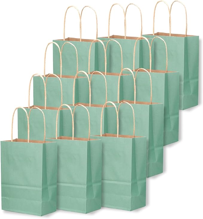 qiqee 24 Pcs Light Blue Mini Paper Gift Bags with Handles 6"x4.5"x2.5" Small Brown Kraft Party Favor Bags Treat Bags Multiple Uses (Mini size)