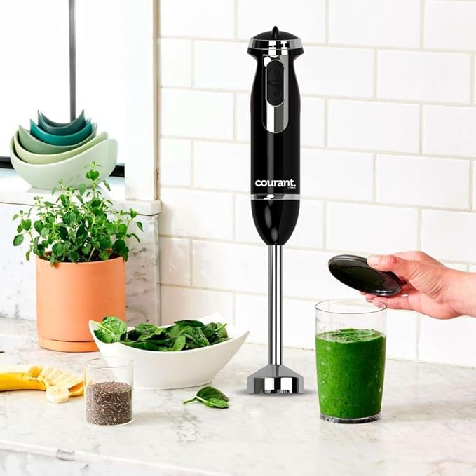 Courant Immersion Hand Blender with Variable Speed, Stainless Steel Blades for Smoothies, Purees, and Soups, Easy-Grip Control" (Black)