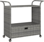 Outdoor Rolling Wicker Bar Cart with Drawer, Portable Bar Cart with Wheels, Patio Kitchen Island Cart for Pool Deck Backyard, Gray 39.4"x17.7"x38.2" Poly Rattan -461