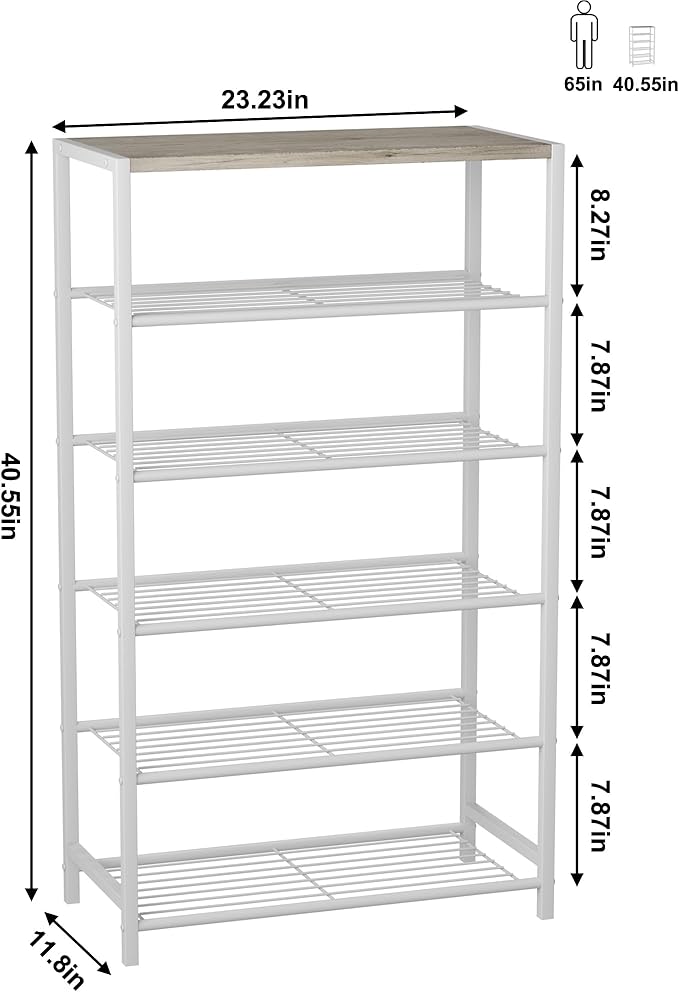 HOMEFORT Shoe Rack 6-Tier, Shoe Storage Shelf, Industrial Shoe Tower, Narrow Shoe Organizer for Closet Entryway, Small Shoe Rack Table with Durable Metal Shelves,White Oak