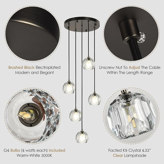 5 Lights Cluster Pendant Lighting, Brushed Black Crystal Pendant Chandelier, Foyer Chandelier Light Fixture Modern Hanging Lights for Kitchen Island Dining Room