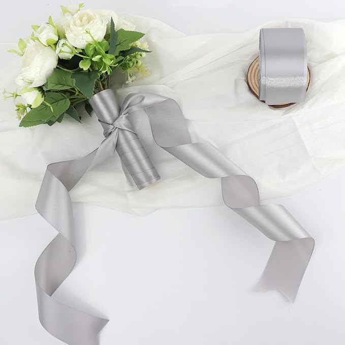 Gray Solid Satin Ribbon 2 Inch 25 Yards Solid Polyester Fabric Ribbon for Gift Wrapping Wedding Christmas Baby Shower Birthday Party Decoration Handmade Immortal Flower Craft