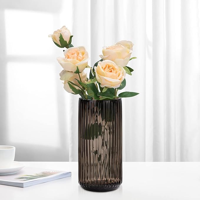 Flower Vase 9.7 inch Amber Thickened Hand Blow Glass Vase Round Vintage Striped Bottles for Bookshelf,Dinner Table,Indoor Office Desktop,Meeting Room,Bathroom,Home