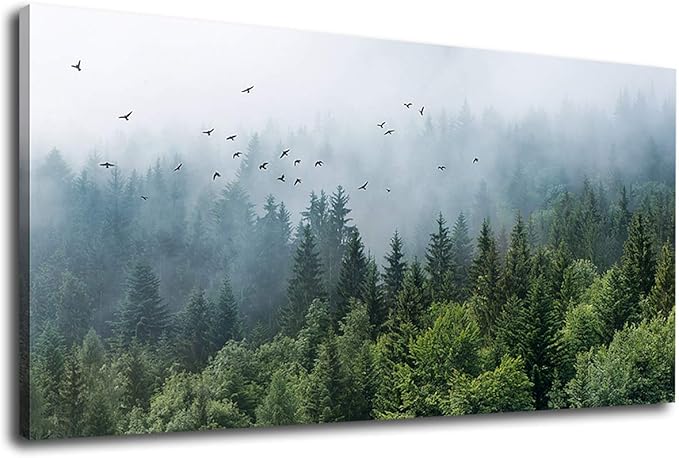 Green Forest Wall Art Tropical Forest Mountain Bird Contemporary Canvas Pictures Modern Artwork Framed for Bathroom Bedroom Nursery Living Room Home Office Kitchen Wall Decor 29" x 58"