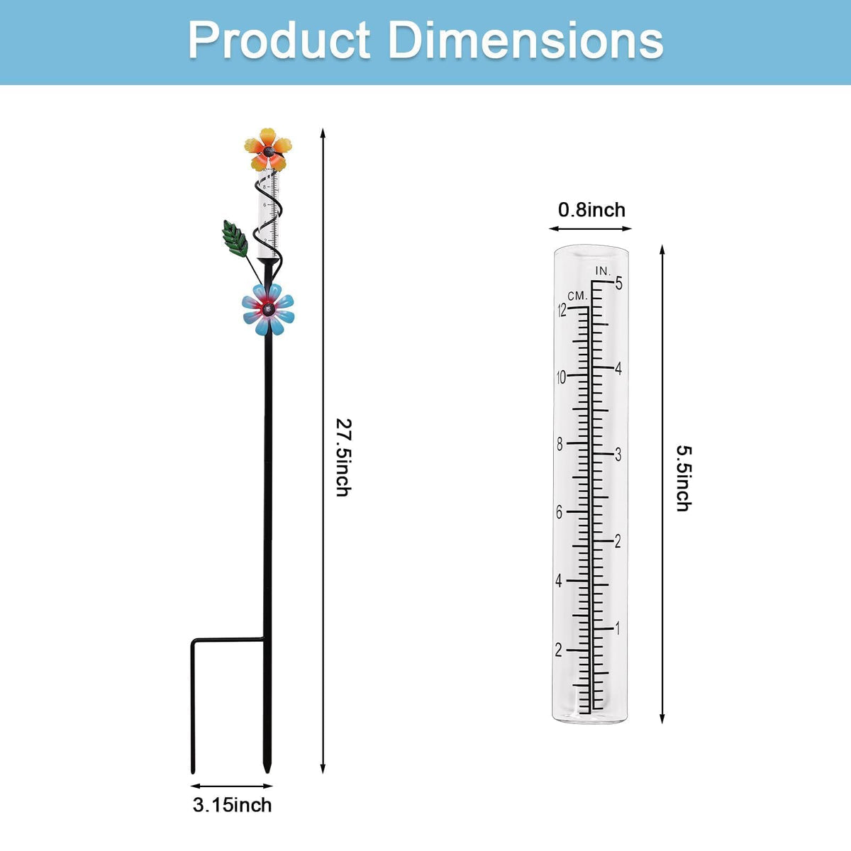 ESTTOP Flower Rain Gauge Outdoor, 5 Inch Glass Tube Freeez-Proof Metal Stake Weather-Resistant Rain Gauge-Lawn and Garden Yard Decor for Accurate Precipitation Measurement