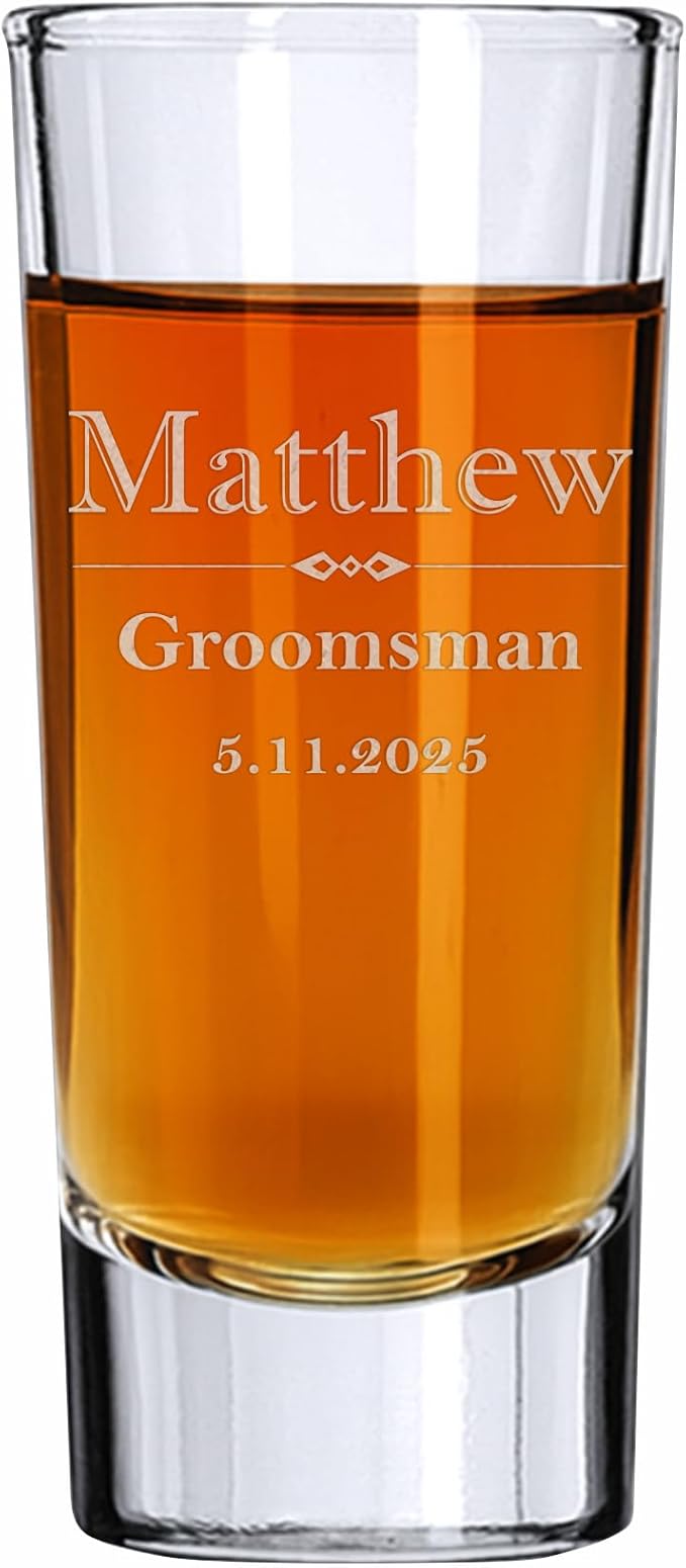 Custom Engraved Shot Glass – 2oz Tall Clear Glass – Personalized Gift for Wedding Party – Classic Etched Barware Keepsake for Groomsmen, Bridesmaids, and More (1)