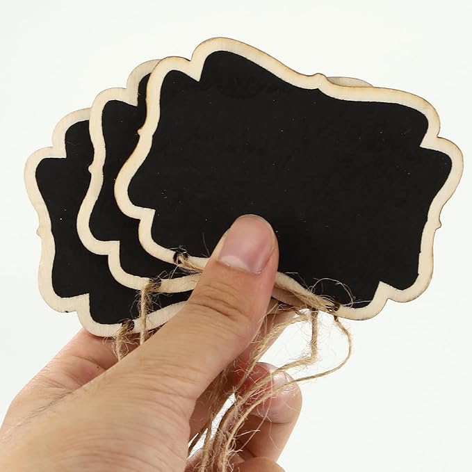 24 Pack Mini Wooden Chalkboard Signs - Reusable Hanging Food Labels for Party Buffet, Place Cards, Name Tags and Table Numbers
