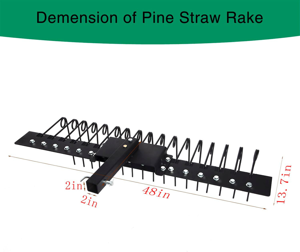 48" Durable Pine Straw Rake Steel Spring Landscape Rake Fits 2" Receiver for Lawn Tractors or ATV/UTV Black