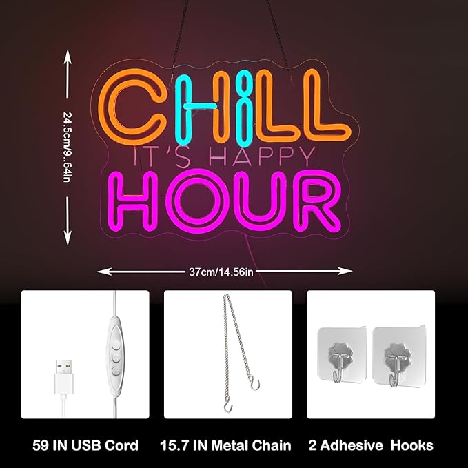 CHILL HOUR Neon Sign, Colorful LED Wall Light with “It’s Happy Hour” Quote, Aesthetic Neon Bar Sign for Bedroom, Dorm, Game Room, Home Party Décor