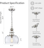 WUZUPS Chandelier Rustic Farmhouse Industrial Round Ceiling Pendant LED Light Fixture with Clear Glass Shades for Dining Room Kitchen Island Foyer Entryway, H 13" x W 10", E26 Base, Brushed Nickel
