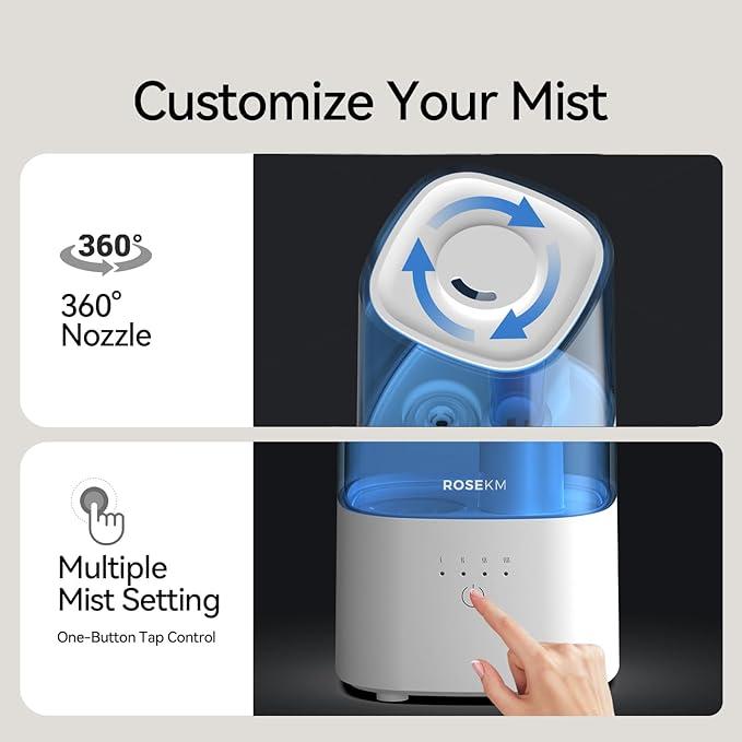 Cool Mist Humidifiers for Bedroom, 2.0L Small Humidifier for Baby and Plant, Last Up to 10H on Max Mist Setting, Auto Shut-Off, Auto-Off Indicator, 360° Nozzle