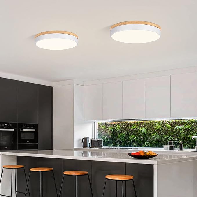 Dimmable Wood LED Flush Mount Ceiling Light, 5CCT 2700K-6000K Modern Round Close to Ceiling Lighting Fixtures, Minimalist White Ceiling Lamp for Living Room, Bedroom, Laundry Room