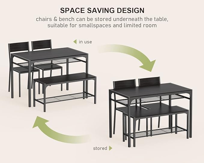 Gizoon Kitchen Table and 2 Chairs for 4 with Bench, 4 Piece Dining Table Set for Small Space, Apartment