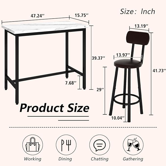 Dining Table Set, 47.2" Rectangle Faux Marble Table with 2 PU Upholstered Backrest Chairs, 3-Piece Kitchen Dining Room Set for Small Spaces, Kitchen Furniture, White