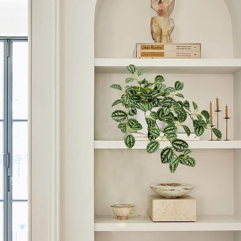 Fake Hanging Plants, 20 Inch Artificial Ivy Plant in Ceramic Pot Faux Watermelon Peperomia Trailing Vine Plant Potted for Home Bedroom Office Table Shef Desk Indoor Outdoor Decor Green