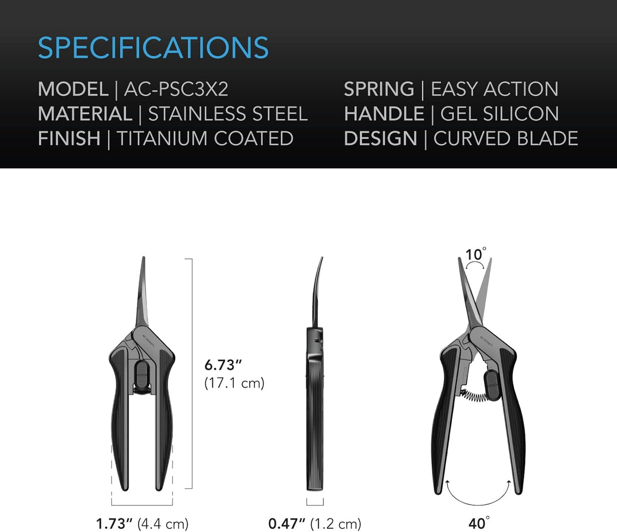 AC Infinity 6.6” Stainless Steel Curved Pruning Shear 2-Pack, Lightweight Ergonomic Design, Curved Precision Blades with Nonstick Titanium Coating for Gardening, Hydroponics, Grow Tents