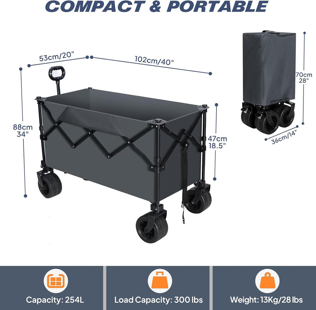 Chihee Garden Cart Collapsible Outdoor Utility Wagon Cart,Folding Beach Cart Oversized Capacity 254L,Heavy Duty Portable Wagon All Terrain Wheels Oversized Side Pocket 2 Drink Holders for Camping
