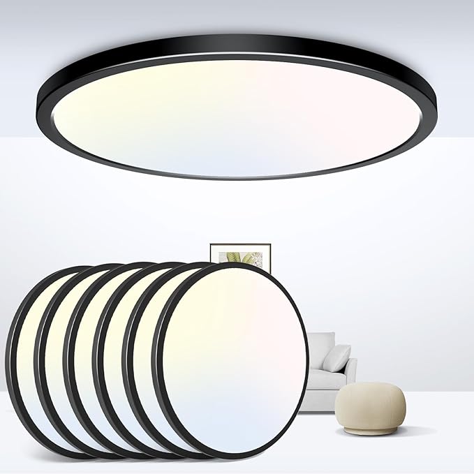 zemty LED Ceiling Light 9 Inch,24W 2400lm Bright Flush Mount Light Fixture 3000K/4500K/6000K Adjustable, Black Thin Flat Ceiling Lamp for Bathroom Closet Pantry Hallway - 6Pack