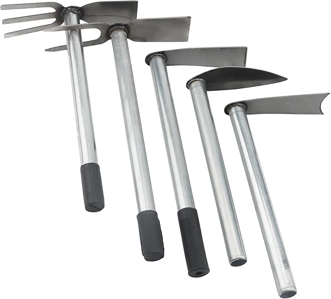 5 PCS Hoe Garden Tool Set, Hoe and Cultivator Hand Tiller, Heavy Duty Digging Hoes, 2 Fork and 3 Fork Hand Tiller for Gardening Weeding Digging Loosening Soil, Carbon Steel