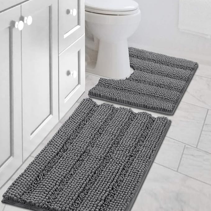 H.VERSAILTEX Bathroom Rugs Bath Rug Set 2 Piece Bathroom Contour Rug Toilet Mat Sets Non Slip Contour Bath Rug Ultra Thick Water Absorbent Striped Bath Mats Washable(20" x 32" Plus 20" x 20" U, Grey)