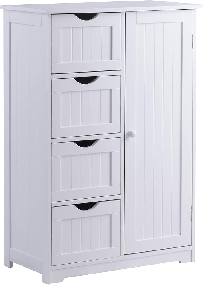 GLACER Bathroom Floor Cabinet, Multifunctional Storage Cabinet with 4 Drawers and 1 Door, Wooden Side Storage Organizer for Bathroom, Living Room or Kitchen, 22 x 12 x 32 inches (White)