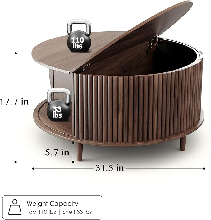 Round Coffee Table with Storage,Fluted Center Table with Sliding Cabinet Door for Living Room,Home Small Space,31.5" Small Center Table,Walnut