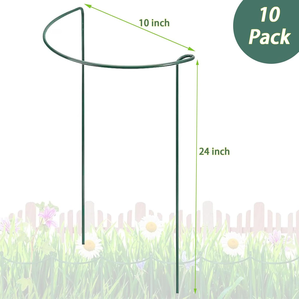 10 Pack Plant Support Stakes, 4 mm Thick 24 Inch Half Round Metal Garden Stakes, Plant Support Cages Ring for Peony Tomato Hydrangea Rose Flower Indoor Outdoor (10" Wide x 24" High)
