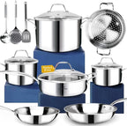 HOMICHEF 14-Piece Nickel Free Stainless Steel Cookware Set Whole-Clad 3-Ply - Mirror Polished Pots And Pans Set - Healthy Cookware Set With Steamer - Non-Toxic Induction Cookware Sets