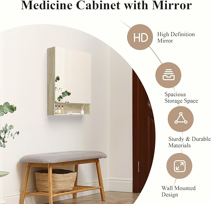 Bathroom Medicine Cabinet Mirror, 32" x 24" Bathroom Mirror with Storage, Medicine Cabinet Organizer with Single Door for Laundry Room, Entryway