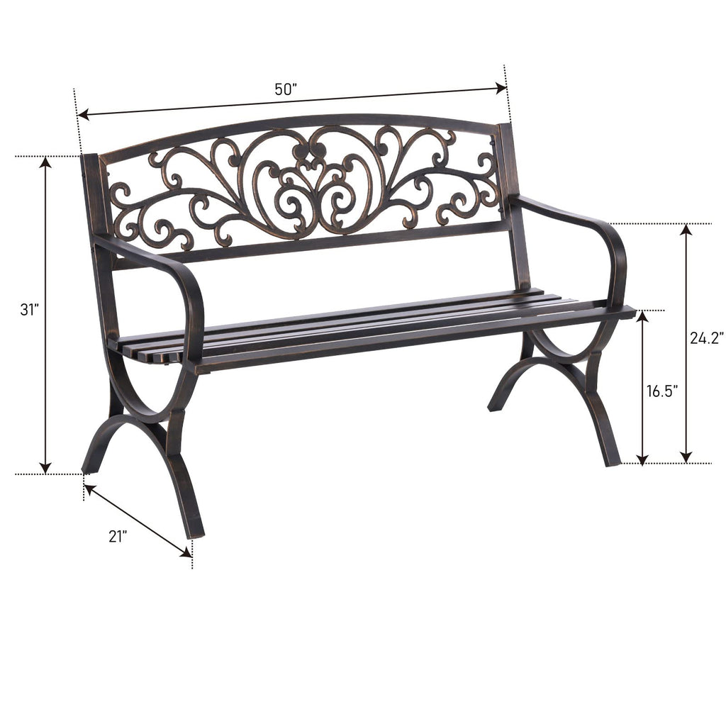 MFSTUDIO 50 Inches Outdoor Garden Bench Cast Iron Metal Frame Floral Bronze
