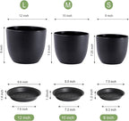 12/10/9 inch Big Flower Pots, 3 Pack Modern Decorative Plastic Planters with Drainage Holes and Tray, Plant Pots for Indoor Outdoor Plants, Black