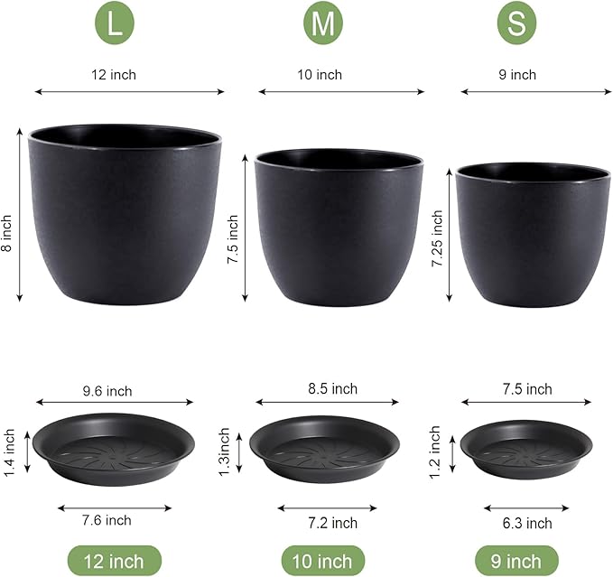 12/10/9 inch Big Flower Pots, 3 Pack Modern Decorative Plastic Planters with Drainage Holes and Tray, Plant Pots for Indoor Outdoor Plants, Black