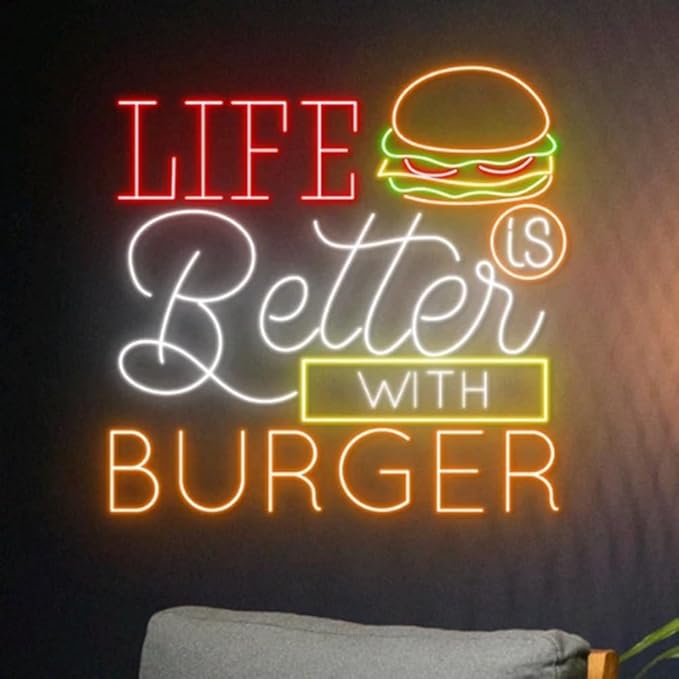 Life Is Better With Neon Burger Sign, Burgers Neon Light, Led Sign, Restaurant Wall Decor, Size:20inches