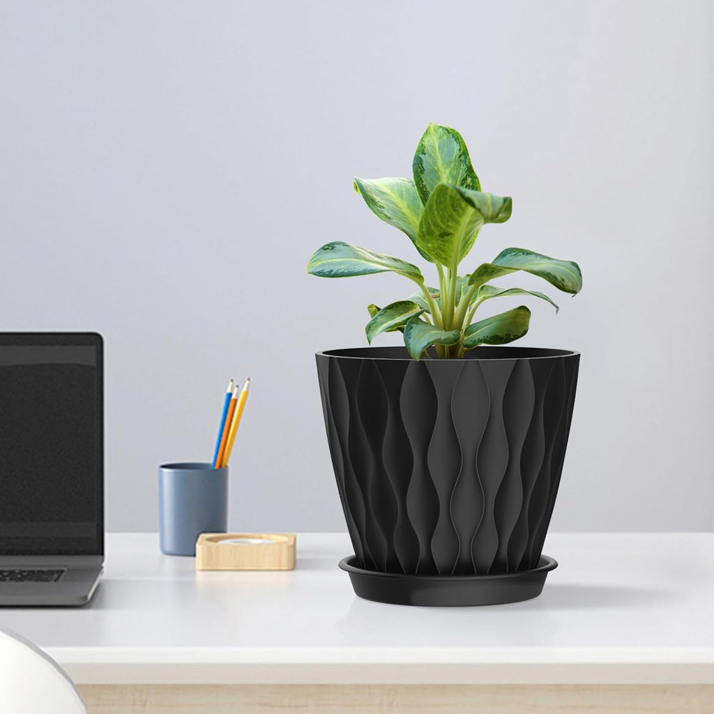 6 inch Plant Pots, 5 Pack Flower Pots for Indoor Outdoor Plants, Water Ripples Plastic Planters with Drainage Holes and Saucers, Nursery Pots for Small Succulent Garden House Plants, Black
