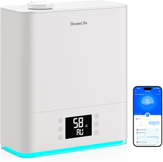 GoveeLife Smart Humidifiers for Bedroom Large Room, Top-Fill Cool Mist 6L WiFi Air Humidifier, Auto Mode, App & Voice Control, 60H Runtime, Rapid Humidification, RGB Nightlight Baby Plants, White