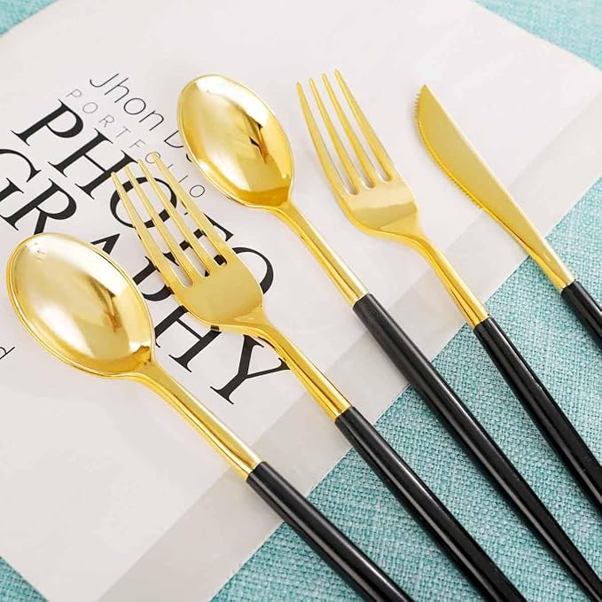 Rubtlamp 96 Pcs Gold Disposable Silverware, Plastic Cutlery, Gold Utensils Plastic with Black Handle Include 32Forks, 32Spoons, 32Knives for Party