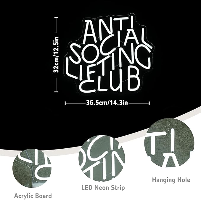 Anti Social Lifting Club Neon Sign for Wall Decor Gym Neon Light Lifting LED Neon Sign Letter Led Neon Light for Gym Man Cave Lifting Club Decoration