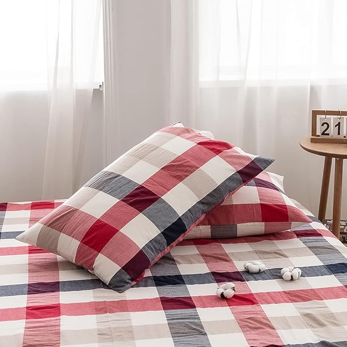 FACE TWO FACE Bedding Duvet Cover Set100% Washed Cotton Duvet Cover Linen Like Textured Breathable Durable Soft Comfy(Full, Blue red Grid)