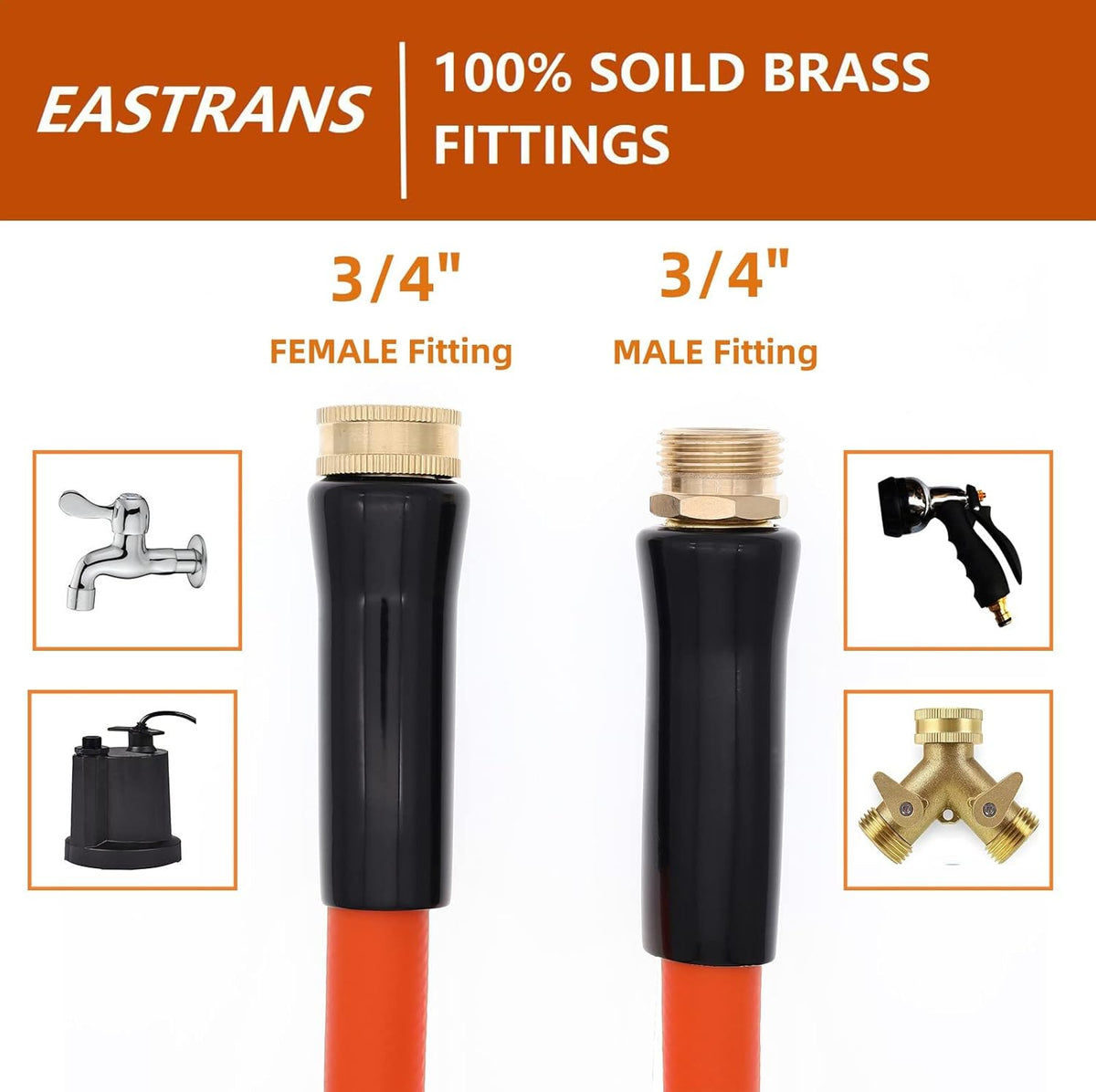 EASTRANS Short Garden Hose 10 ft x 5/8", Heavy Duty Orange Water Hose with 3/4" Solid Brass Connector for All-weather Outdoor