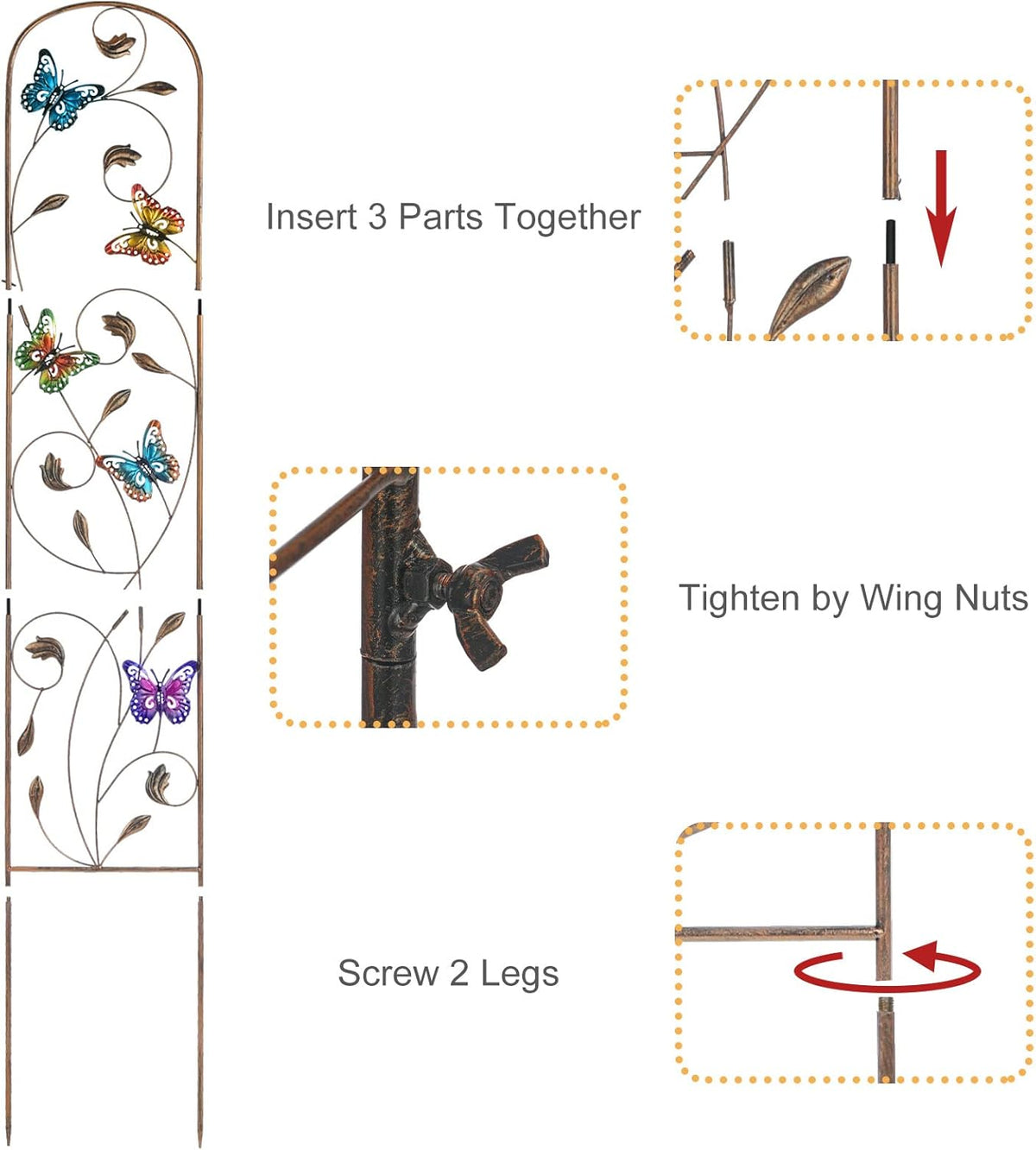 LEWIS&WAYNE 2 Pack Metal Garden Trellis with Colorful Butterfly 60 Inch High Outdoor Decoration Arched Fence Trellis for Climbing Plants for Patio, Lawn, Yard, Backyard, Wall Brackets