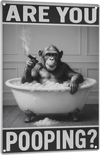 Bathroom Decor Wall Art – Funny Chimpanzee in Bathtub Tin Sign, 8x12 Inch Black and White Vintage Metal Wall Art, Humorous Animal Bathroom Sign for Restroom or Farmhouse (Sign-030)