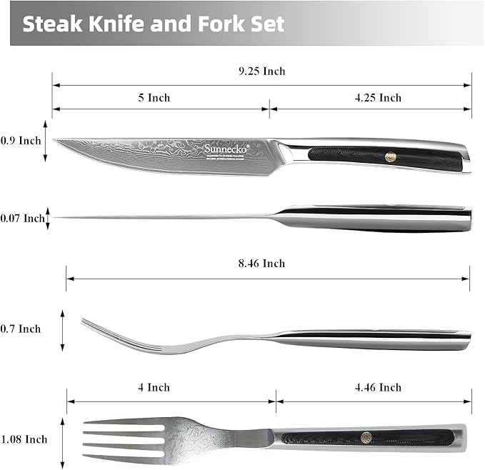Sunnecko Damascus Steak Knife Set Non Serrated, Japanese VG10 Stainless Steel Steak Knife and Fork Set of 2, 5 Inch Steak Knives G10 Handle with Gift Box