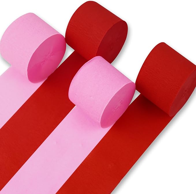PartyWoo Pink and Red Crepe Paper Streamers 4 Rolls 328 ft Pack of Hot Pink and Red Crepe Paper for Baby Shower Valentine's Day Bachelorette Birthday Party Decorations (1.8 Inch x 82 Ft/Roll)