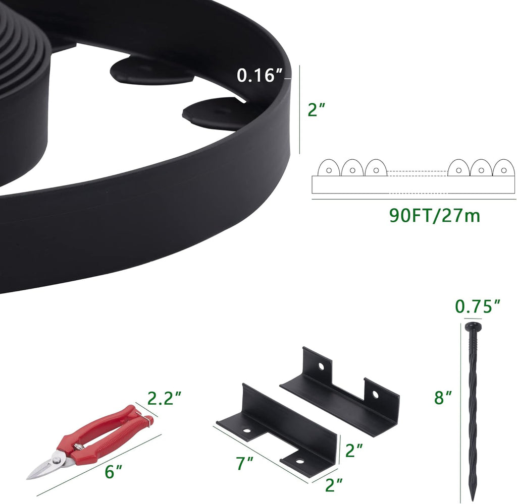Landscape Edging, 90' 2" Tall Garden Edging with Scissors, Lawn Edging with 108 Garden Spikes and 5 Connectors, Heavy Duty PP&PE Material Edging for Landscaping, Garden, Lawn, Black