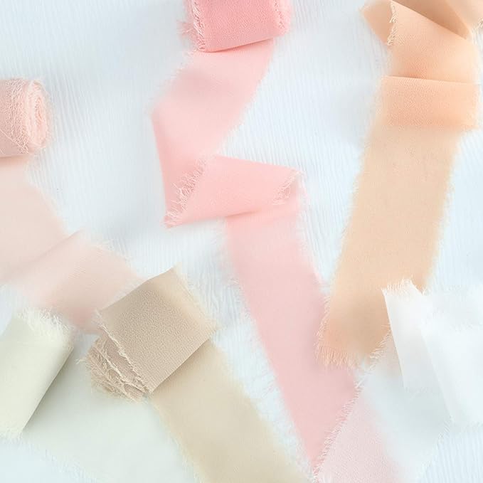 6 Rolls Handmade Fringe Chiffon Silk Ribbon 1.5" x 3 Yd Colorful Ribbon for Wedding Invitations, Bridal Bouquets, Gifts Wrapping, DIY Crafts(Nude Pink Set)