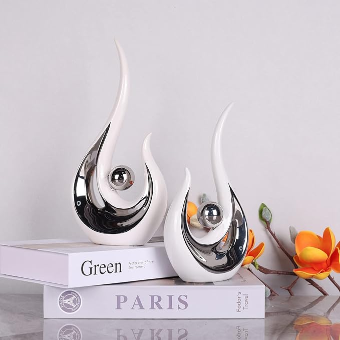 DOVDOV Abstract Ceramic Statues Set of 2, Silver and White Home Decor, Modern Classic Art Statues with Plated Gold Accents