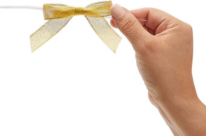 Bright Creations Gold Twist Tie Bows - 100 Pack, 2.5 x 3 in - Pretied Gold Bows & Ribbon for Treat Bags & Twist Ties for Crafts
