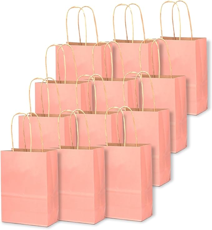 qiqee 24 Pcs Bright Pink Mini Paper Gift Bags with Handles 6"x4.5"x2.5" Small Brown Kraft Party Favor Bags Treat Bags Multiple Uses (Mini size)