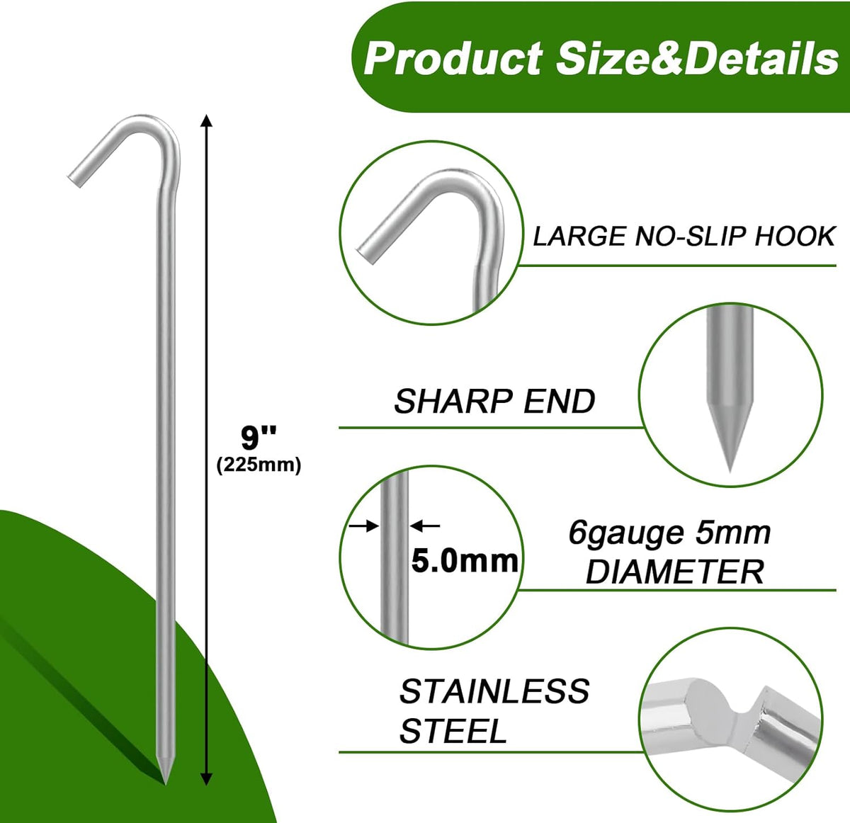 AAGUT Tent Stakes Heavy Duty Metal 9 Inch, 8 Pack Rust-Resistant Galvanized Steel Camping Stake Garden Edging Fence Hooks Yard Tent Pegs for Inflatable, Tarp, Outdoor Christmas Decorations