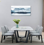 arteWOODS Indigo Canvas Wall Art - Misty Mountain & Foggy Lake Boat Painting - Grey Blue Forest Birds - 20" x 40" Canvas Wall Decor for Living Room